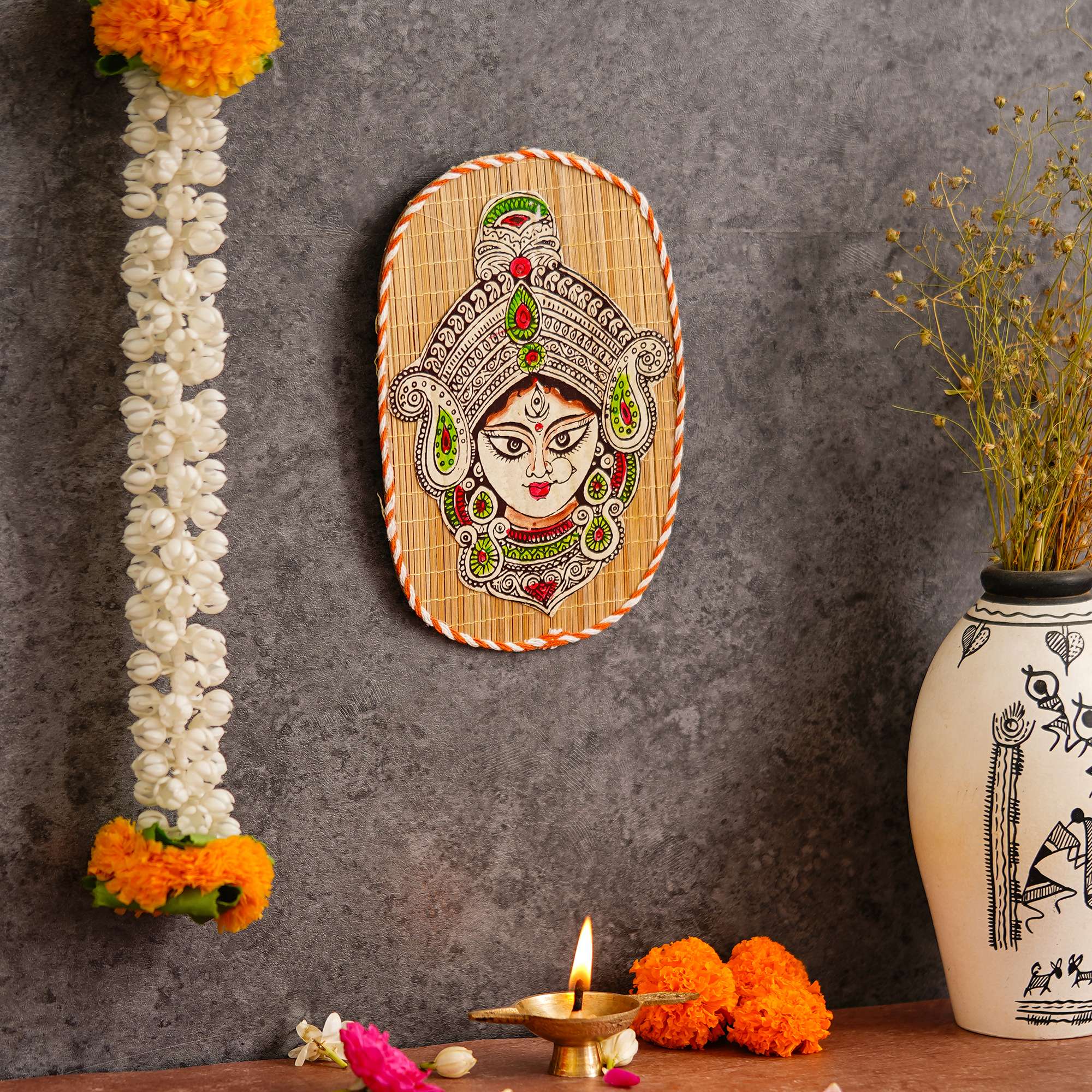 Oval Shaped Design Bamboo Hand Crafted Wall Hangings Durga Ji For Home Decor | Bamboo Art For Wall Decor