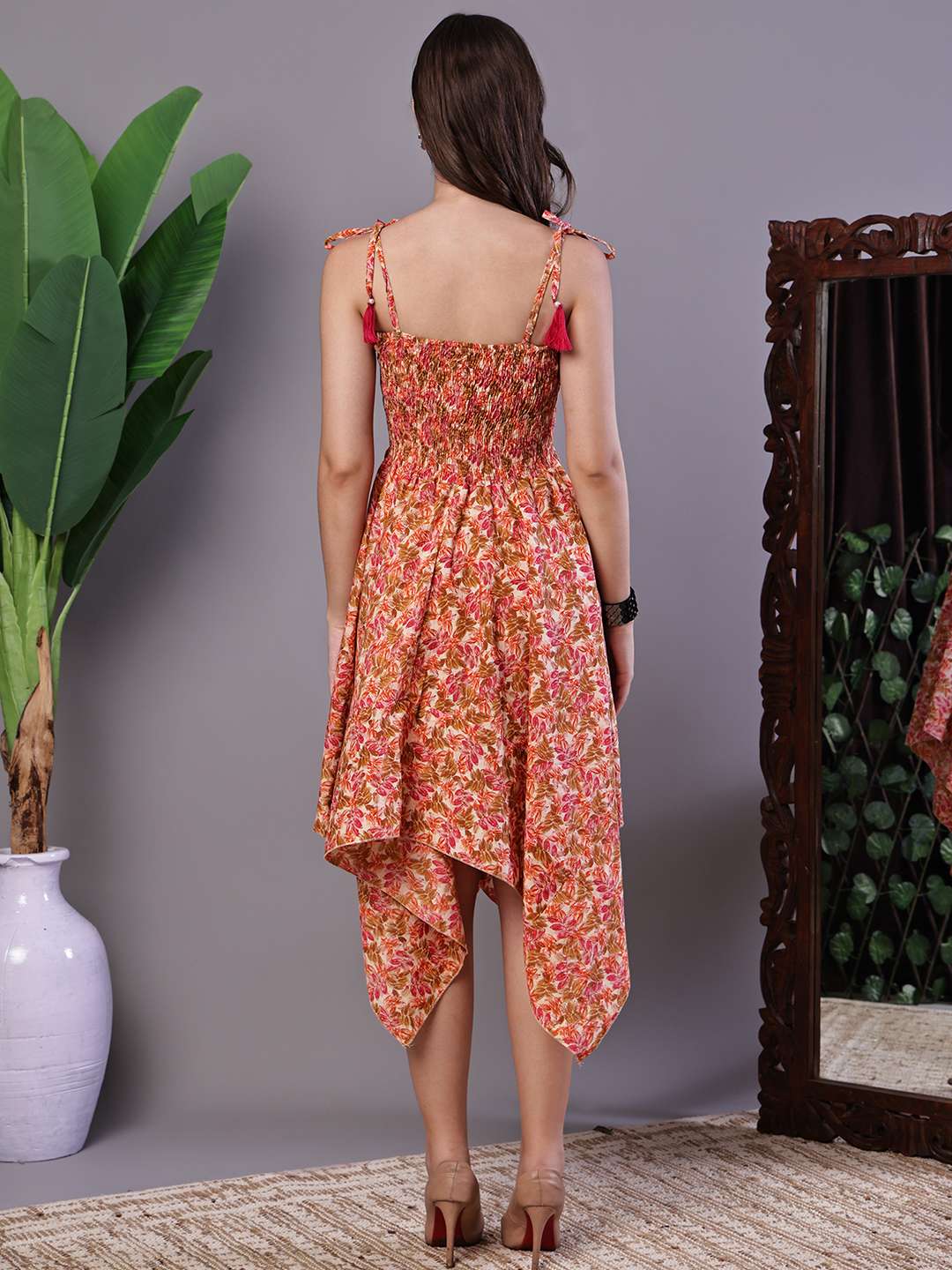 Women's MultiColor Floral Printed Cotton Handkerchief Hem Dress Midi Dresses - Image 2
